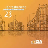Titelblatt eines Jahresberichts mit architektonischer Linienzeichnung von modernen Gebäuden vor orangefarbenem Hintergrund, erstellt für ZIA Zentraler Immobilien Ausschuss e.V. Design zeigt Reflexionen der Gebäude und enthält Logo sowie Jahreszahl 23, was auf Immobilienwirtschaft und Bericht für Jahr 2023 hinweist.