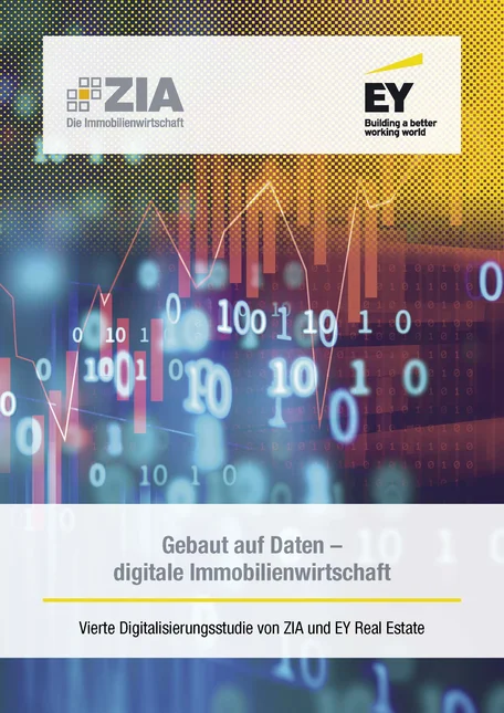 Titelblatt einer Studie zur digitalen Immobilienwirtschaft, erstellt von ZIA und EY Real Estate. Enthält grafische Elemente wie Zahlenreihen, Diagrammlinien und Logos, die Digitalisierung und Datenanalyse im Immobiliensektor symbolisieren