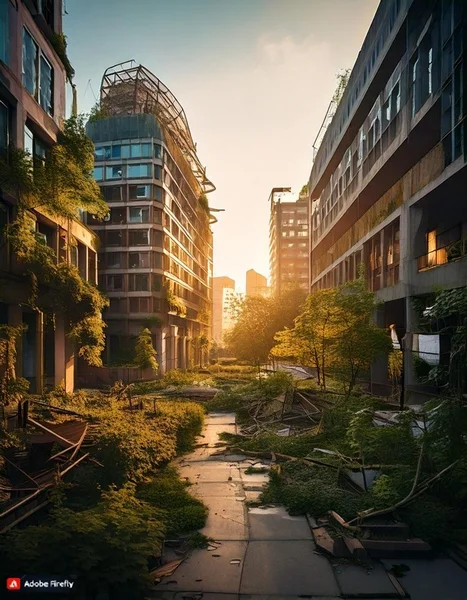Fotografie einer urbanen Szenerie mit überwucherten Gebäuden und verwildertem Gehweg bei Sonnenuntergang. Darstellung einer verlassenen Stadt mit Pflanzen, die sich durch Risse im Beton und an Fassaden ausbreiten, vermittelt Eindruck von Natur, die städtischen Raum zurückerobert.