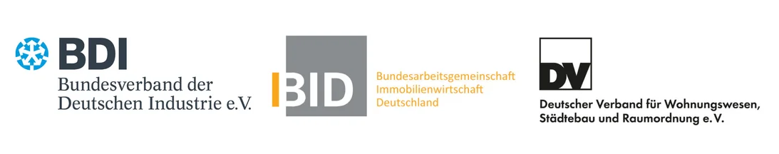 Logos von drei deutschen Organisationen: Bundesverband der Deutschen Industrie e.V. (BDI), Bundesarbeitsgemeinschaft Immobilienwirtschaft Deutschland (BID) und Deutscher Verband für Wohnungswesen, Städtebau und Raumordnung e.V. (DV). Darstellung dient zur Kennzeichnung von Verbänden und Arbeitsgemeinschaften, in denen der ZIA selbst Mitglied ist..