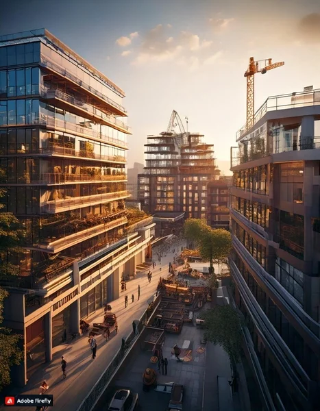 Fotorealistische Darstellung moderner Büro- und Wohngebäude in urbaner Umgebung bei Sonnenuntergang mit Baukränen im Hintergrund. Fokus auf Glasfassaden, begrünten Balkonen und belebtem Fußgängerbereich mit Menschen und Sitzgelegenheiten.
