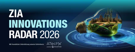 Grafische Titelseite „ZIA Innovationsradar 2026“ zur Darstellung zukunftsweisender Innovationen. Dunkelblauer Hintergrund, großer weiß-türkiser Titel, leuchtende Glühbirne mit futuristischer Stadt- und Landschaftsszene sowie kreisförmige Radarlinien; Logos ZIA und AtecX ergänzen Gestaltung.