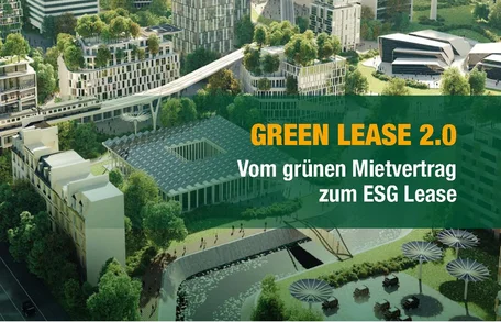 Illustration einer begrünten urbanen Stadtlandschaft mit Hochhäusern, Parkanlagen, Wasserbecken und erhöht verlaufender Bahntrasse. Grünes Banner mit gelber Überschrift „GREEN LEASE 2.0“ sowie weißem Untertitel „Vom grünen Mietvertrag zum ESG Lease“ vermittelt Thema nachhaltiger Mietverträge und ESG-Kriterien.