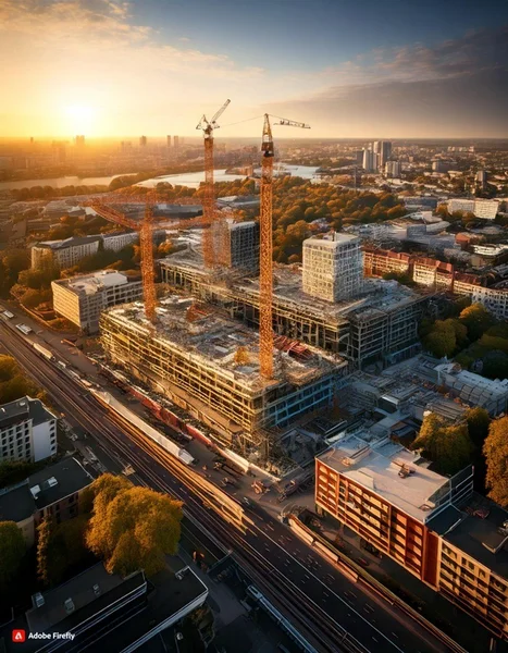 Luftaufnahme einer Großbaustelle in einer Stadt bei Sonnenuntergang mit mehreren Baukränen und teilweise fertiggestellten Gebäuden. Die Szene zeigt Verkehrswege, umliegende Wohngebäude und grüne Flächen, die städtische Entwicklung und Infrastruktur verdeutlichen.
