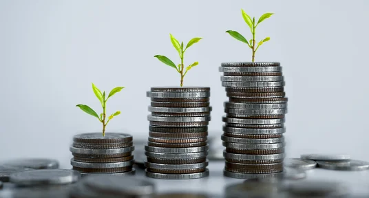 Fotografie symbolisiert finanzielles Wachstum durch vier aufsteigende Münzstapel mit grünen Pflänzchen. Unscharfe Münzen im Vorder- und Hintergrund sowie graublauer Hintergrund lenken den Fokus auf zunehmendes Kapital und nachhaltige Entwicklung.