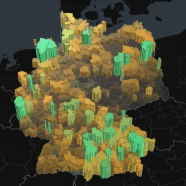 3D-Säulendiagramm zeigt Wohnungsbaugenehmigungen in verschiedenen Regionen Deutschlands mit grünen und gelben Säulen, die unterschiedliche Höhenwerte repräsentieren.
