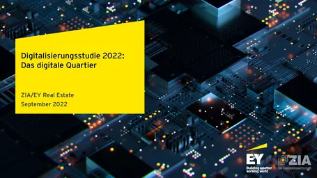 Titelseite einer Digitalisierungsstudie 2022 zum digitalen Quartier von ZIA und EY Real Estate. Darstellung enthält gelbes Textfeld mit Titel, Autoren und Datum vor einem abstrakten, dunklen Hintergrund mit leuchtenden, elektronischen Schaltkreisen.