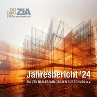 Cover eines Jahresberichts mit digitaler Architekturzeichnung in orange und transparenten Linien, die komplexe Gebäudestrukturen darstellen. Enthält Logo von ZIA Zentraler Immobilien Ausschuss e.V. und Titel „Jahresbericht ’24“ als Hinweis auf Immobilienwirtschaft und Bericht für Jahr 2024.