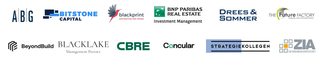 Logos von 14 verschiedenen Unternehmen und Organisationen, darunter ABG, BITSTONE CAPITAL, blackprint, BNP PARIBAS REAL ESTATE, DREES & SOMMER, The Future Factory, BeyondBuild, BLACKLAKE, CBRE, Concular, STRATEGIEKOLLEGEN und ZIA. Darstellung dient zur Präsentation von Partnern oder Sponsoren, Logos sind farbig und in unterschiedlichen Schriftarten angeordnet.