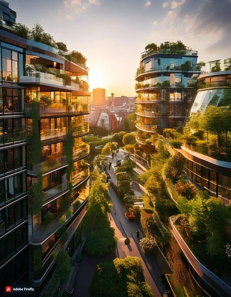 Fotorealistische Darstellung moderner Wohngebäude mit vielen begrünten Balkonen und Dachterrassen bei Sonnenuntergang. Fokus auf nachhaltige Architektur mit viel Pflanzenbewuchs und einem zentralen Fußweg, der durch die Anlage führt.