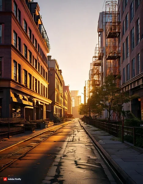 Fotografie einer urbanen Straße mit Schienen, umgeben von mehrstöckigen Gebäuden auf beiden Seiten, beleuchtet von warmem Sonnenlicht bei Sonnenaufgang oder Sonnenuntergang. Straße zeigt nasse, reflektierende Oberfläche, Gebäude rechts mit Feuerleitern, links mit markanten Fenstern und Ladenfronten.