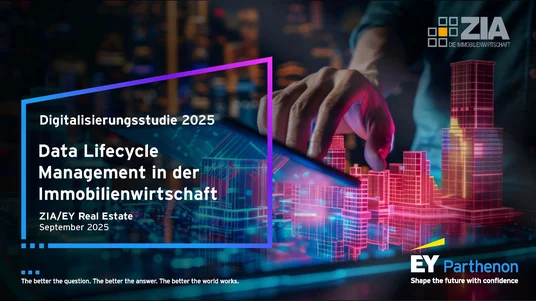 Titelgrafik einer Digitalisierungsstudie 2025 zur Datenlebenszyklusverwaltung in der Immobilienwirtschaft, erstellt von ZIA/EY Real Estate. Darstellung zeigt eine Hand, die digitale Gebäudemodelle in leuchtenden Neonfarben berührt, symbolisiert technologische Innovation und Vernetzung im Immobiliensektor.