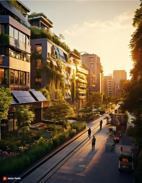 Fotografie einer modernen, begrünten Wohnsiedlung bei Sonnenuntergang mit Solarpaneelen auf Dächern und Fassaden, die nachhaltige Architektur betont. Menschen gehen auf einem breiten Gehweg zwischen Bäumen und Pflanzen, was eine umweltfreundliche, lebenswerte Stadtumgebung zeigt.