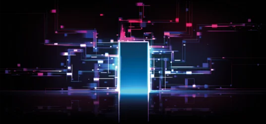 Abstrakte digitale Illustration eines leuchtenden, blau-weißen Zentralmoduls als Symbol für digitale Technologie und Datenverarbeitung. Schwarzer Hintergrund, umliegende Leiterbahn- und Schaltkreismuster in Cyan, Violett und Magenta sowie reflektierende Lichtakzente betonen futuristische Vernetzung.