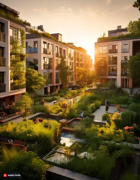 Fotografie eines modernen Wohnkomplexes mit mehreren mehrstöckigen Gebäuden und begrünten Innenhöfen bei Sonnenuntergang. Grüne Pflanzen, kleine Wasserflächen und Wege schaffen eine ruhige, naturnahe Atmosphäre zwischen den Gebäuden.