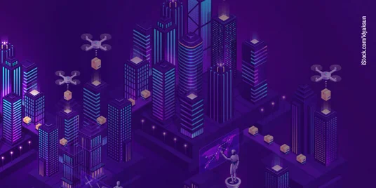 Logo der ZIA PropTech Plattform mit violettem Hintergrund und stilisierten Gebäuden in Blau- und Lilatönen. Drohnen fliegen über die Gebäude, was auf Technologieeinsatz im Immobilienbereich hinweist.
